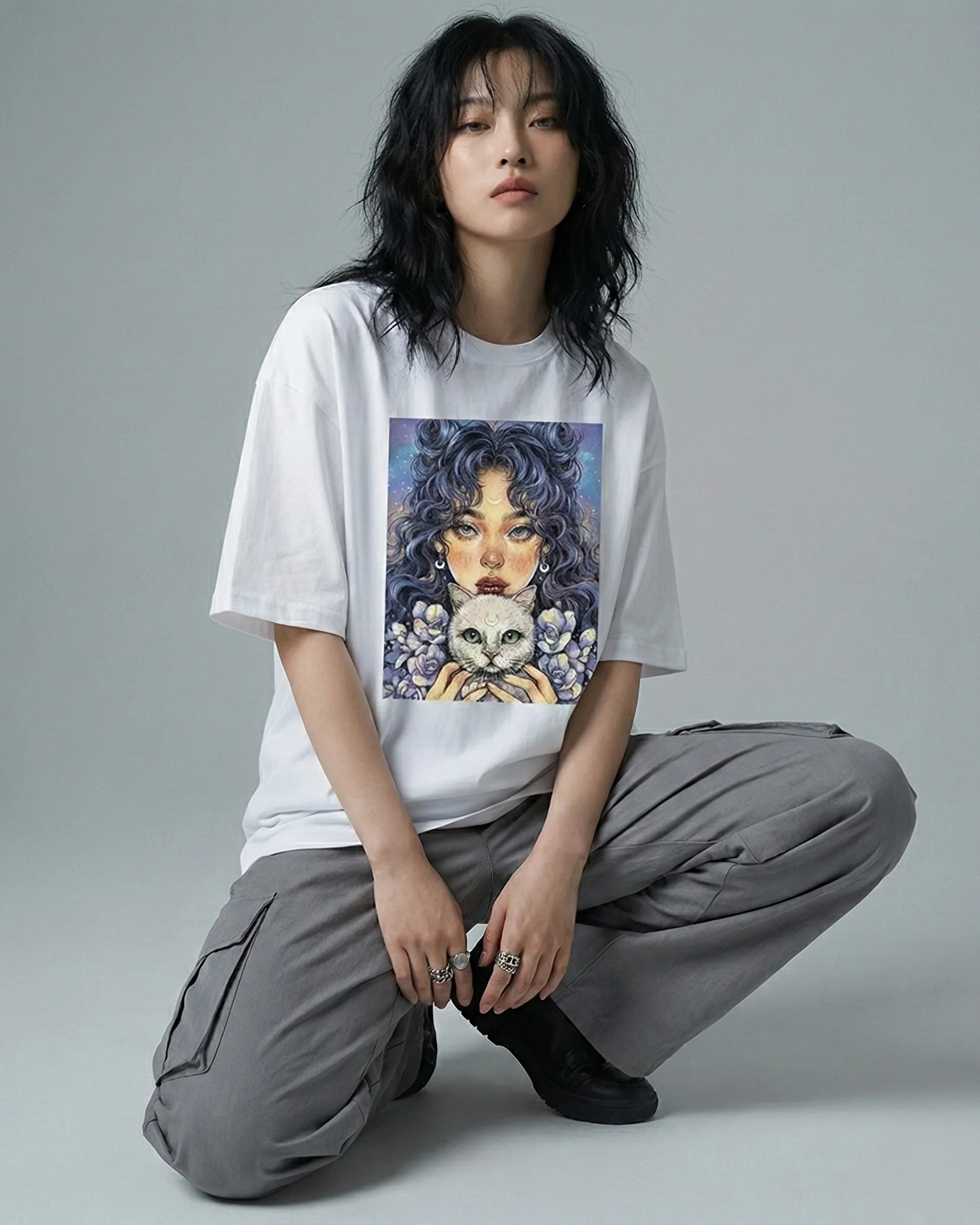 Cat Girl Graphic Drop Shoulder Oversized Tee