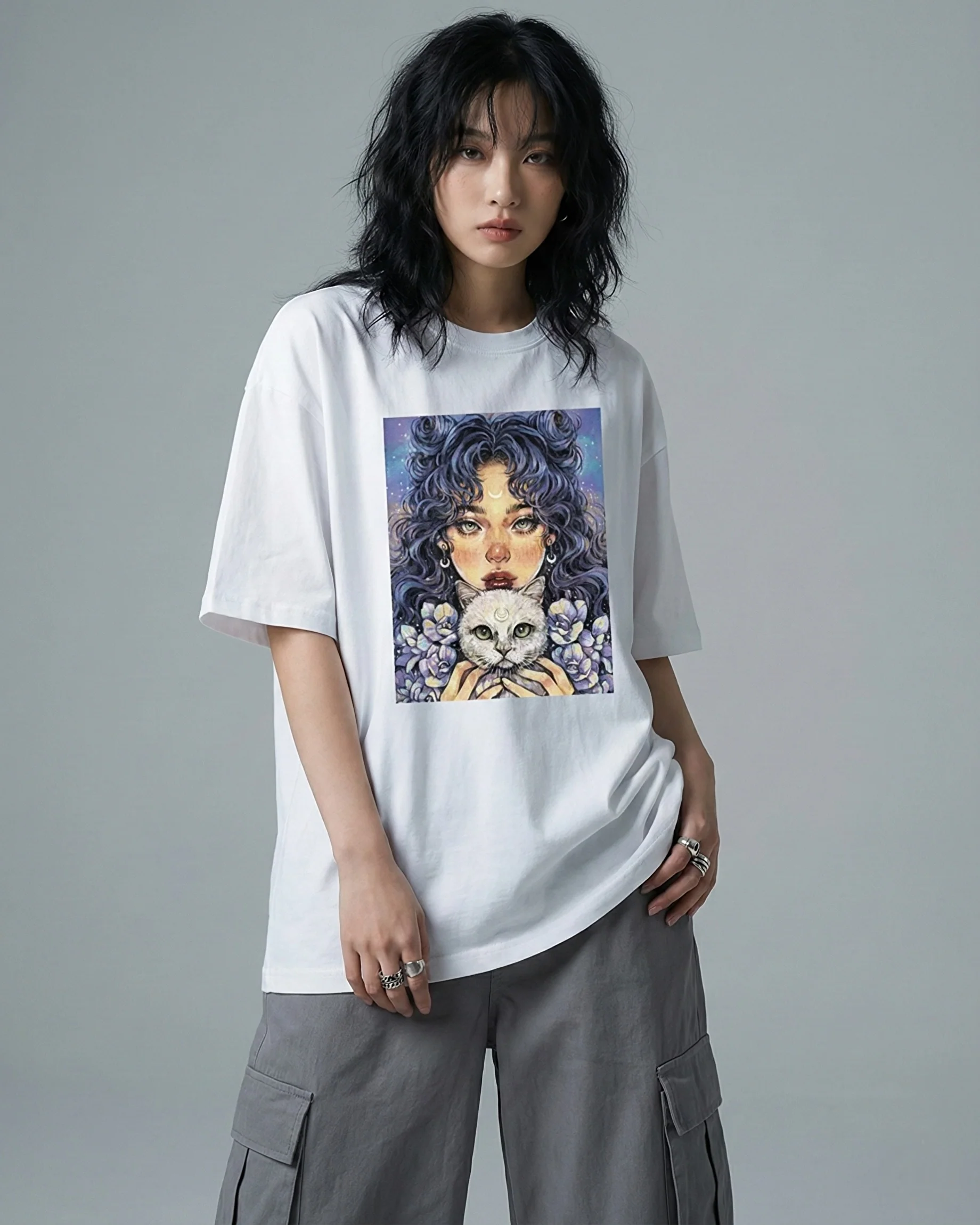 Cat Girl Graphic Drop Shoulder Oversized Tee - Image 2