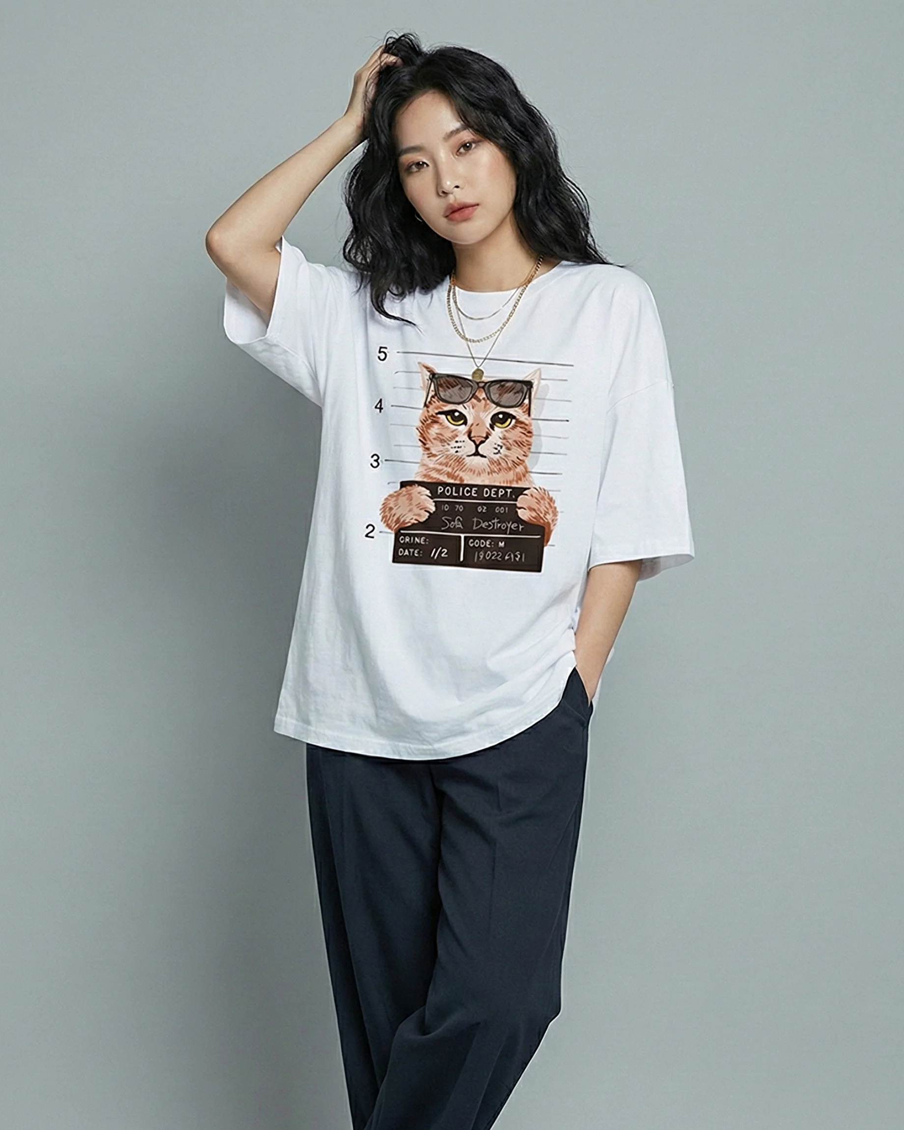 Cat Mugshot Graphic Drop shoulder oversized Tee