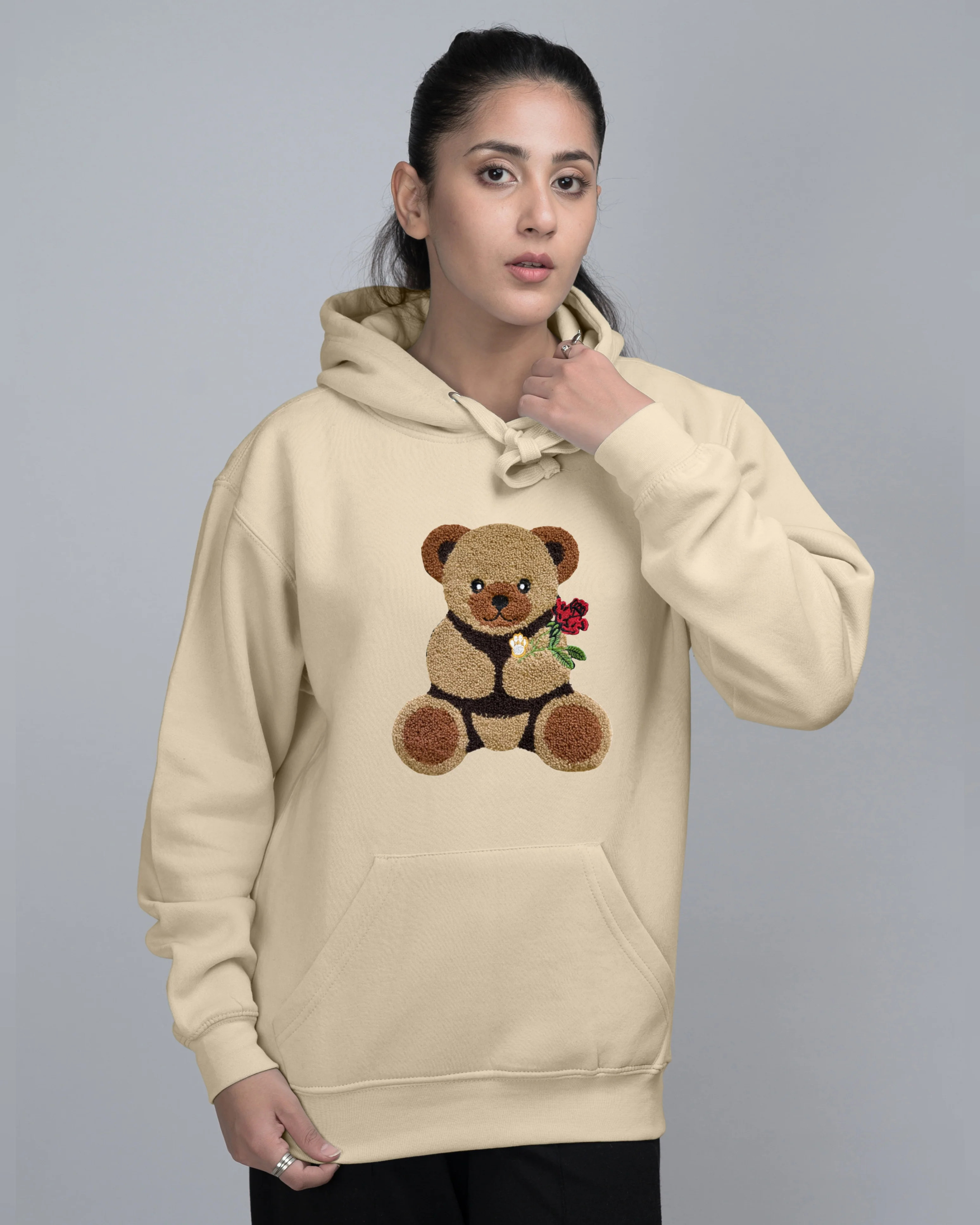 Rose Bear Embroidered Patched Oversized Pullover Hood - Image 2