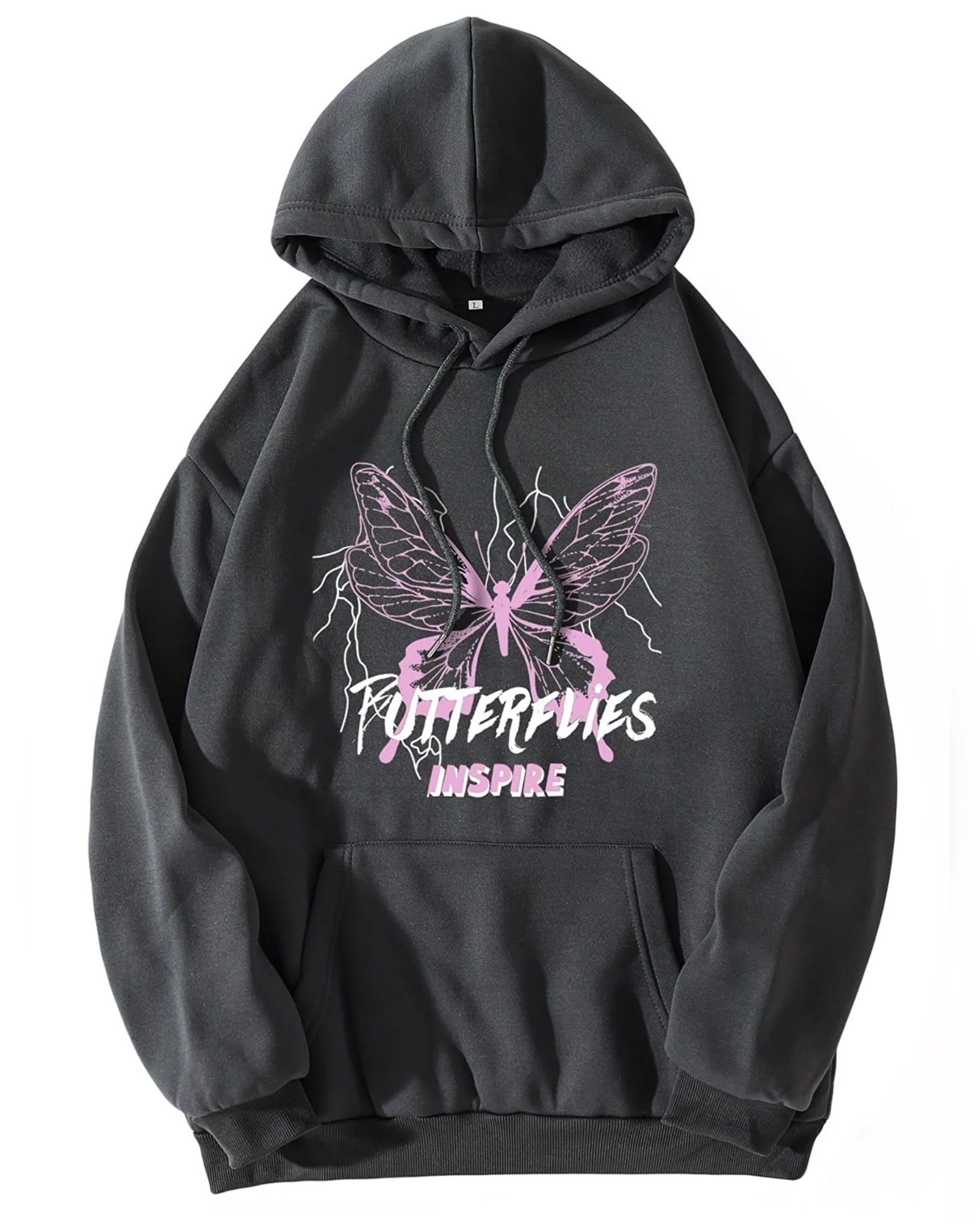 Butterflies Inspire Graphic Oversized Pullover Hood Dark Grey - Image 2