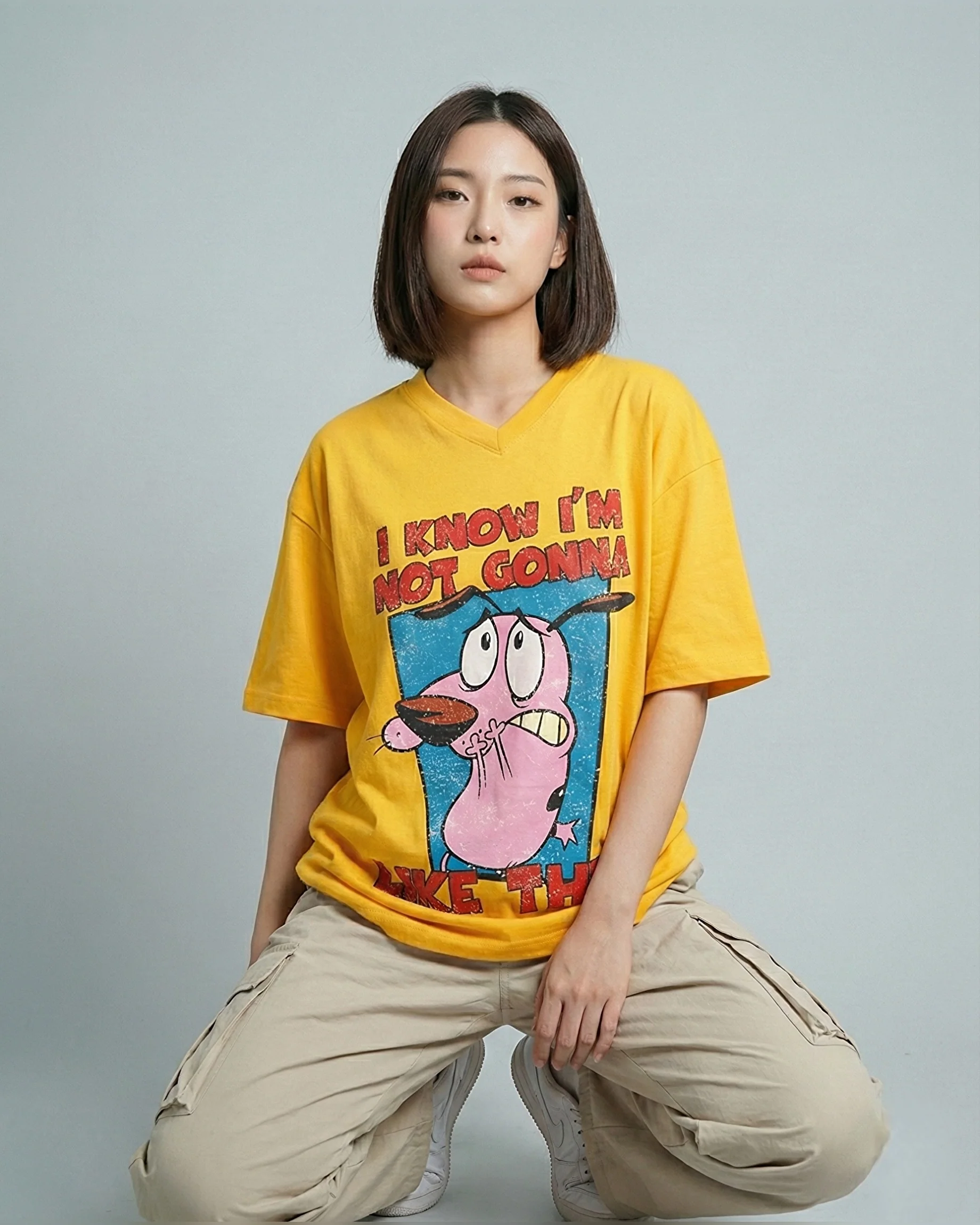Courage Dog Graphic Vneck Drop Shoulder Oversized Tee Yellow - Image 2