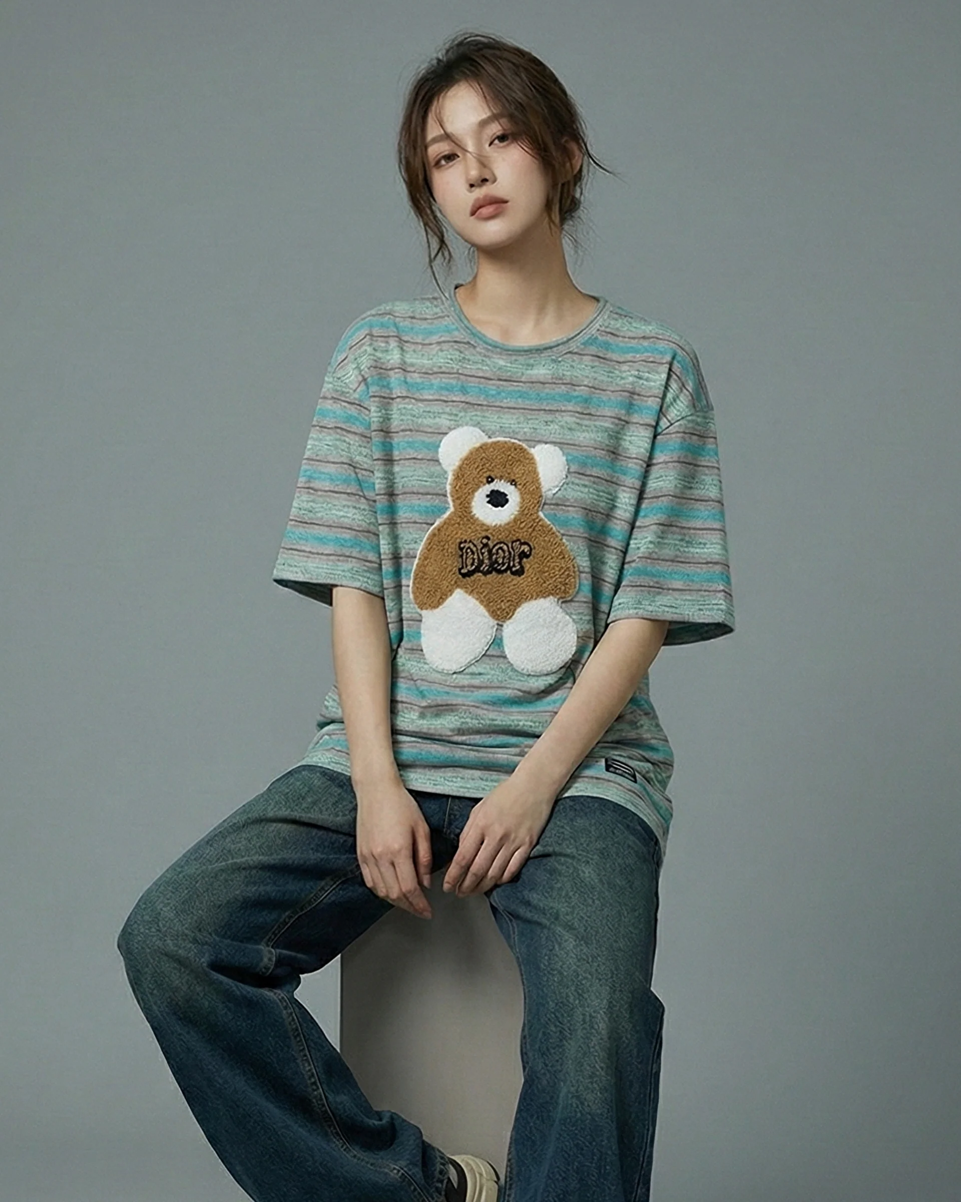 Dior Bear Striped Embroidered Patched Oversized Tee