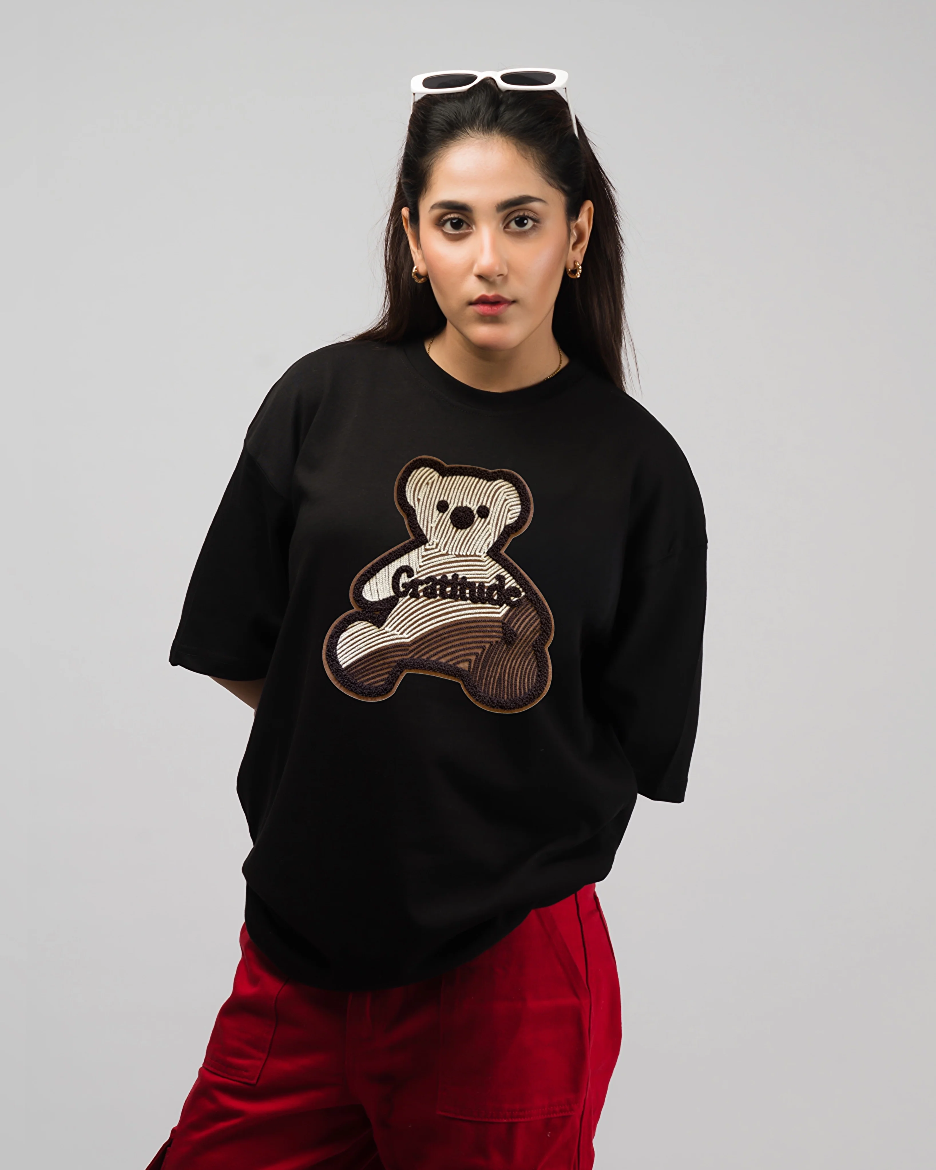 Gratitude Teddy Embroidered Patched Drop Shoulder Oversized Tee Black