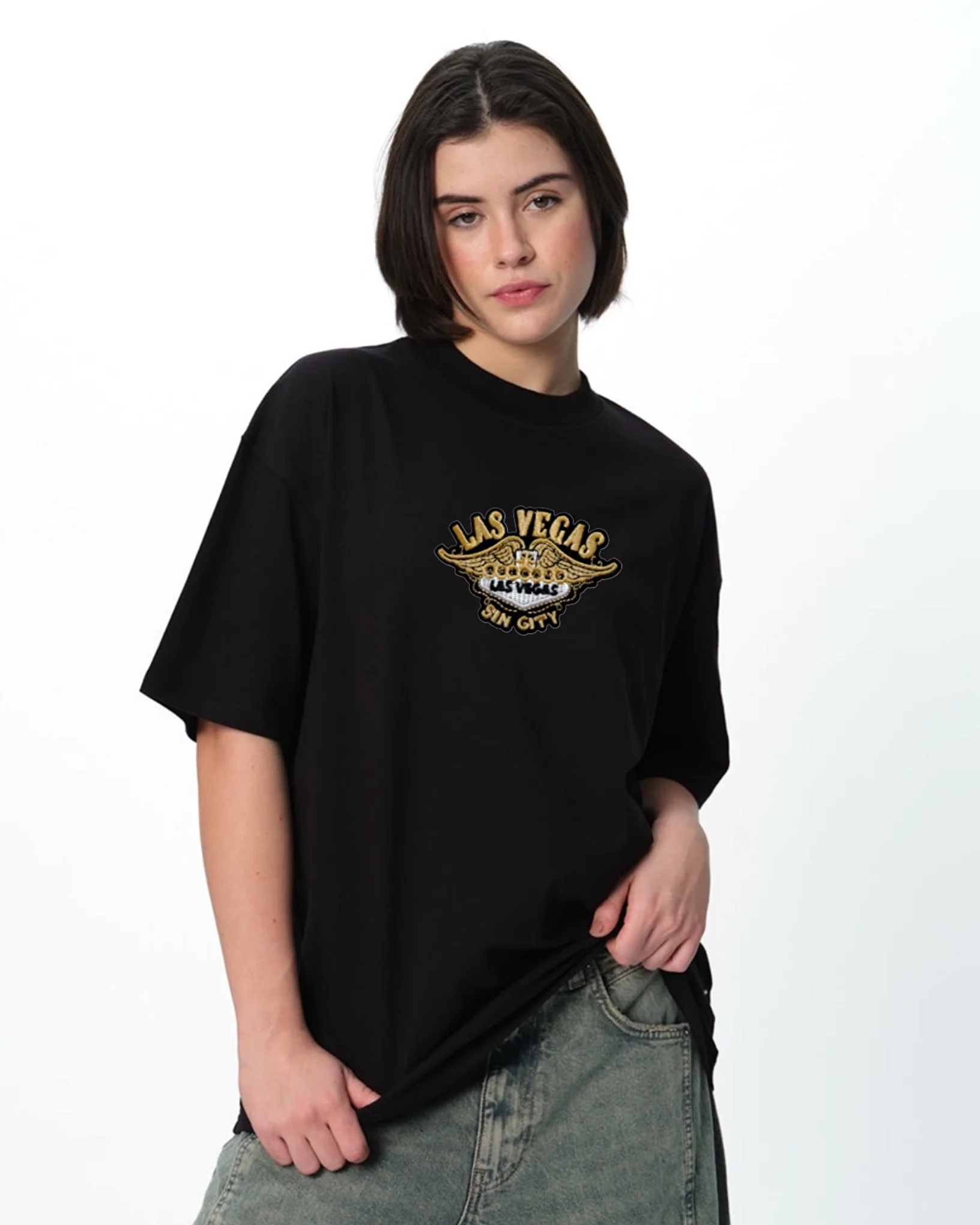 Las Vegas Embroidered Patched Drop Shoulder Oversized Tee Black