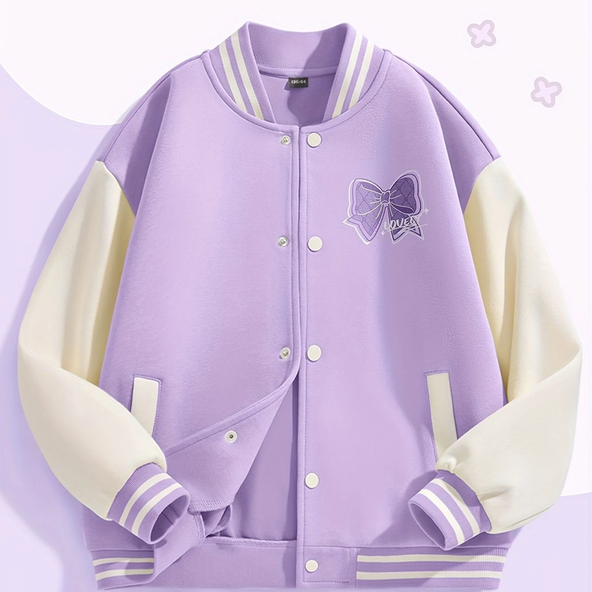 Lavender Graphic Button Down Baseball Varsity Bomber Jacket