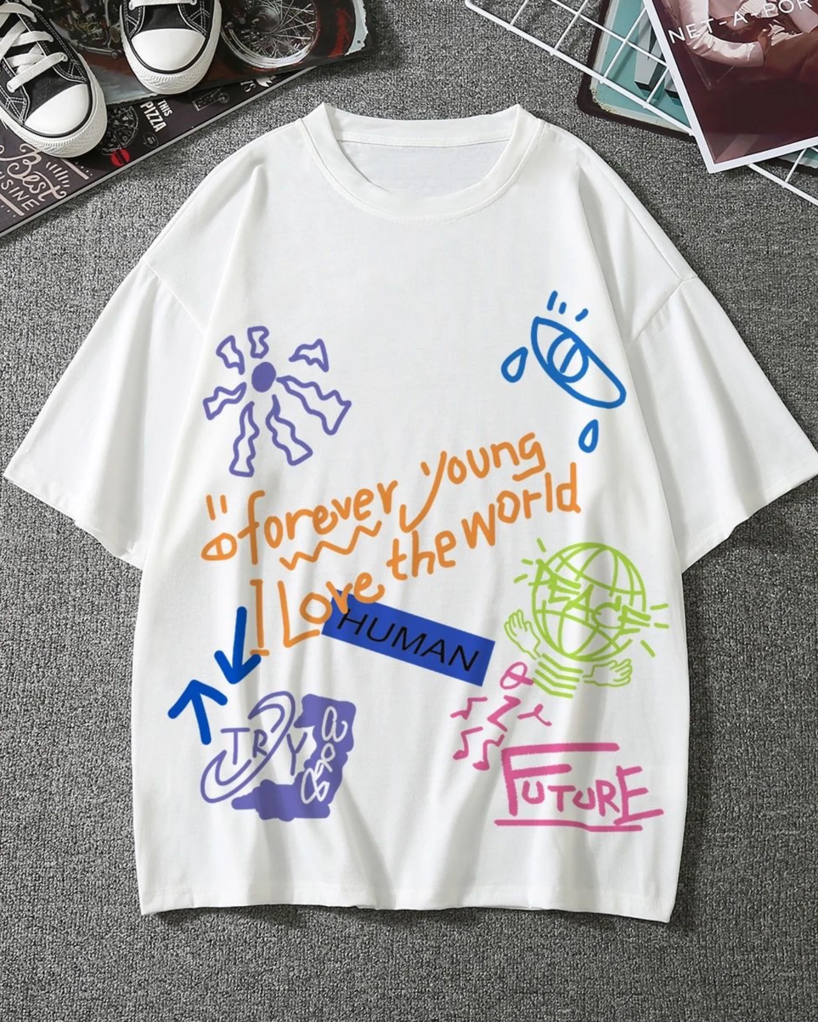 Love The World Graphic Drop Shoulder Oversized T-shirt White