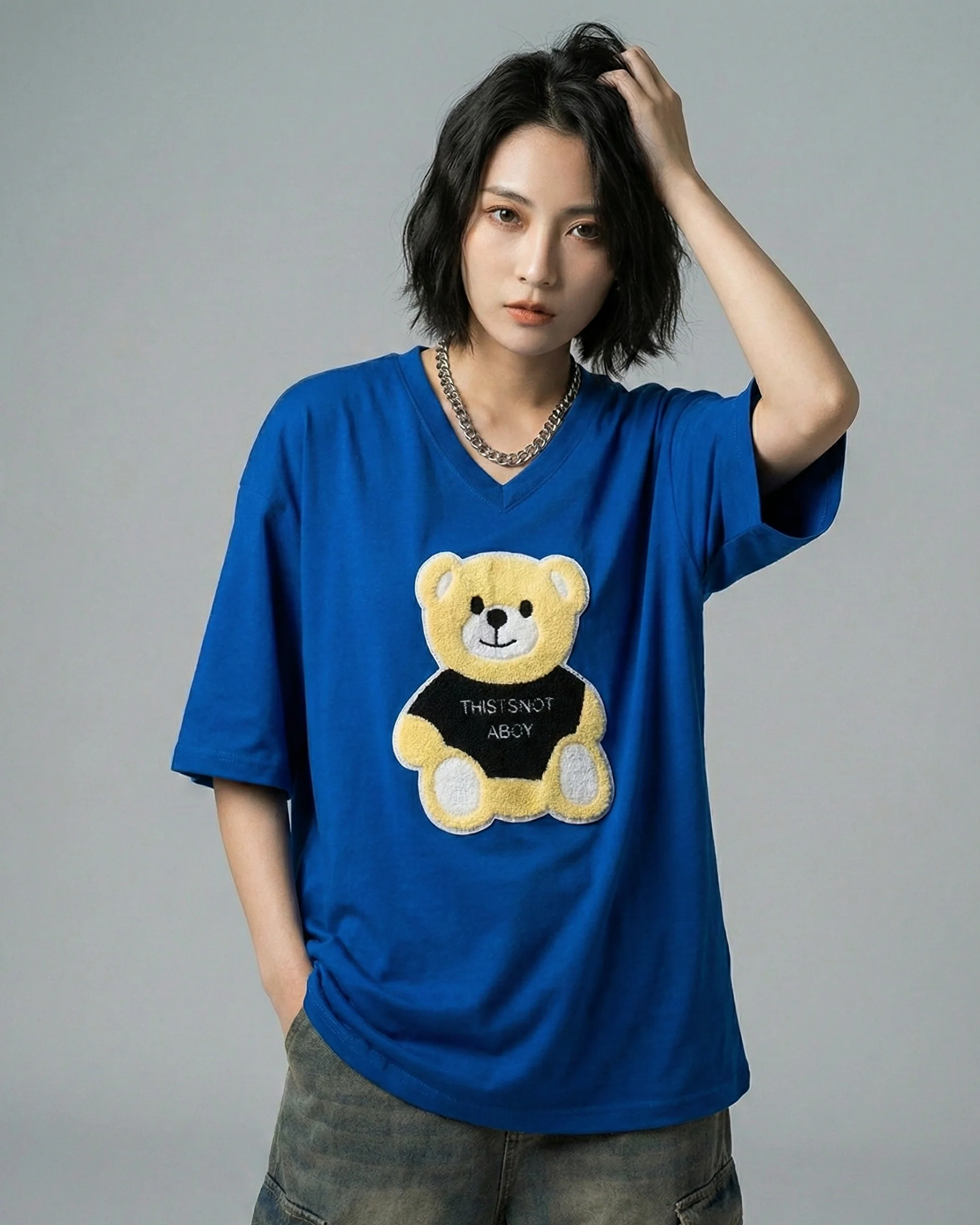 Moschino Embroidered Patched Oversized V-Neck Tee Blue - Image 2