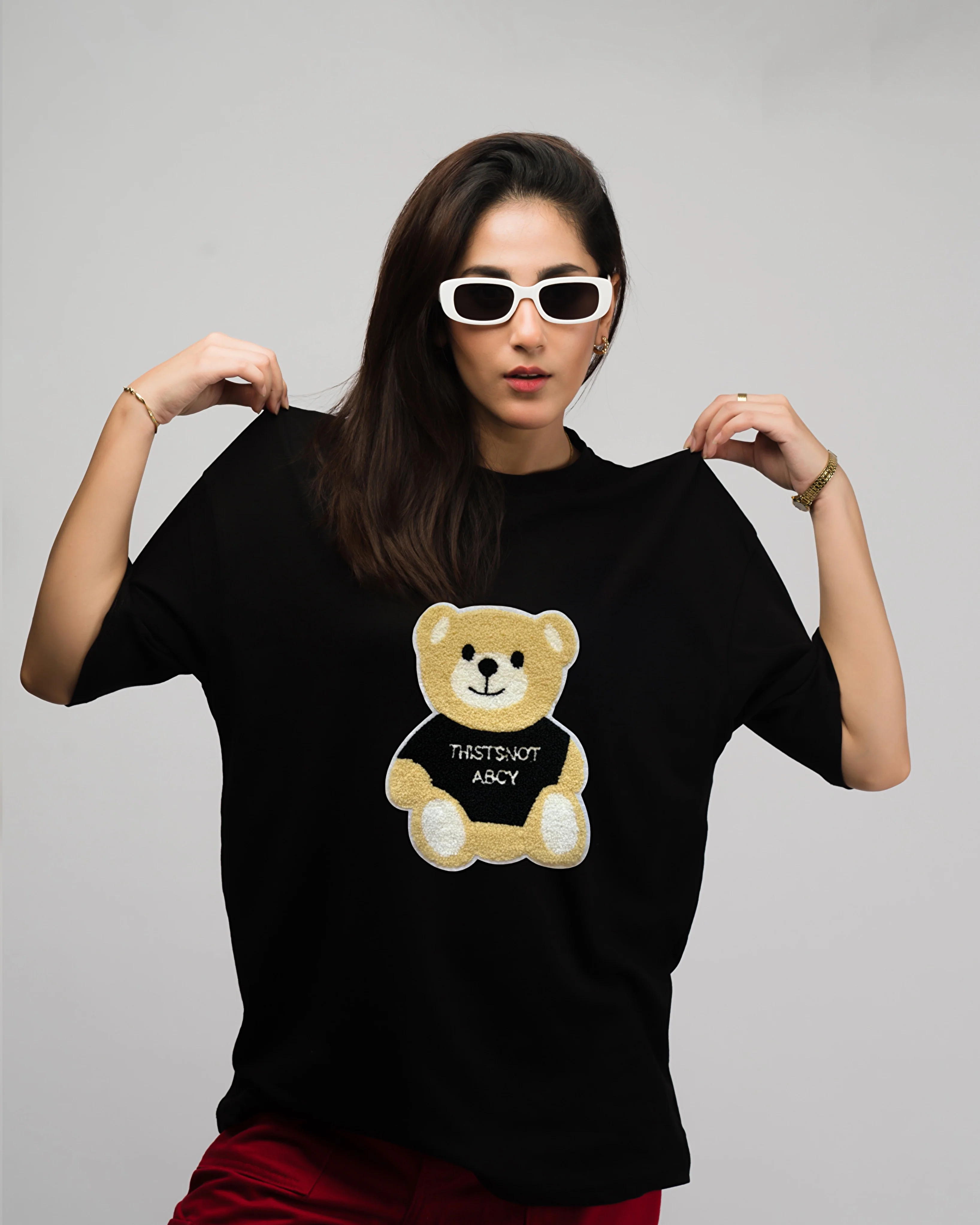 Moschino Bear Embroidered Patched Drop Shoulder Oversized Tee Black