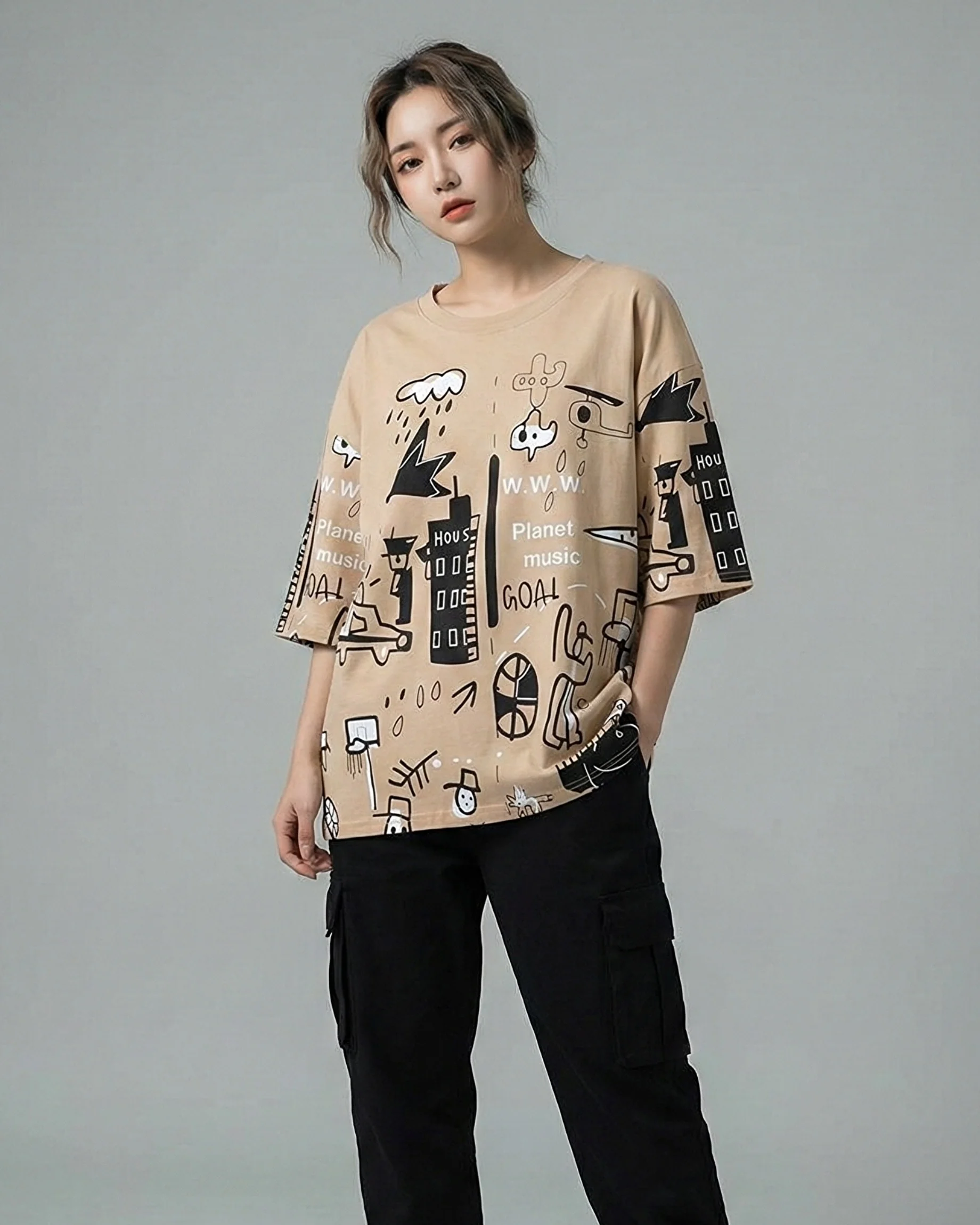 Planet Music City Graphic Drop Shoulder Oversized Tee