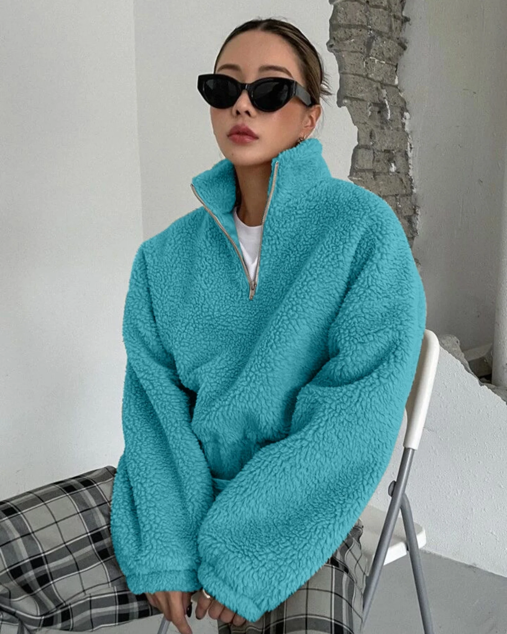 Polar Fleece Half Zip Mockneck Sweater Blue