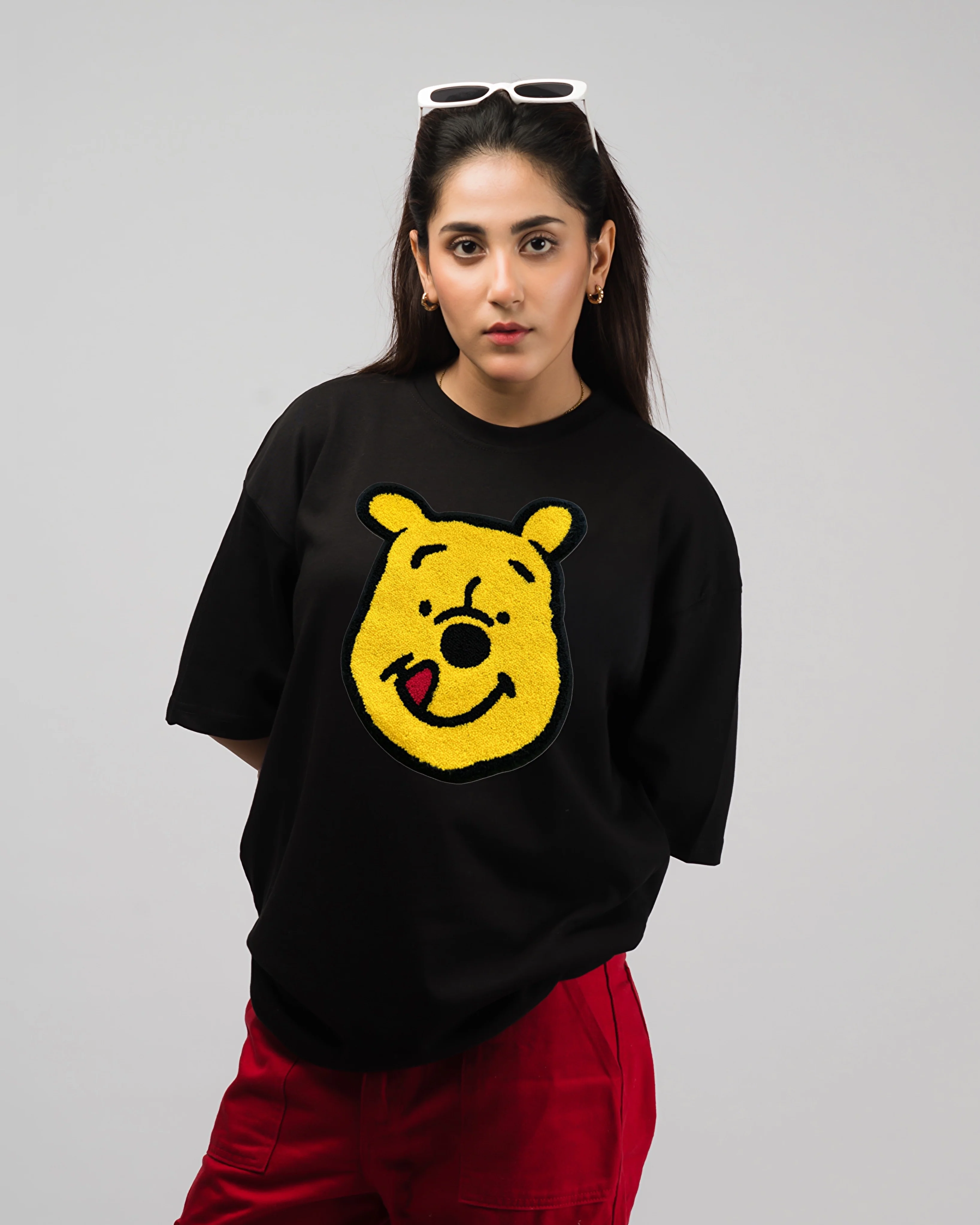 Pooh Embroidered Patched Drop Shoulder Oversized Tee Black - Image 2