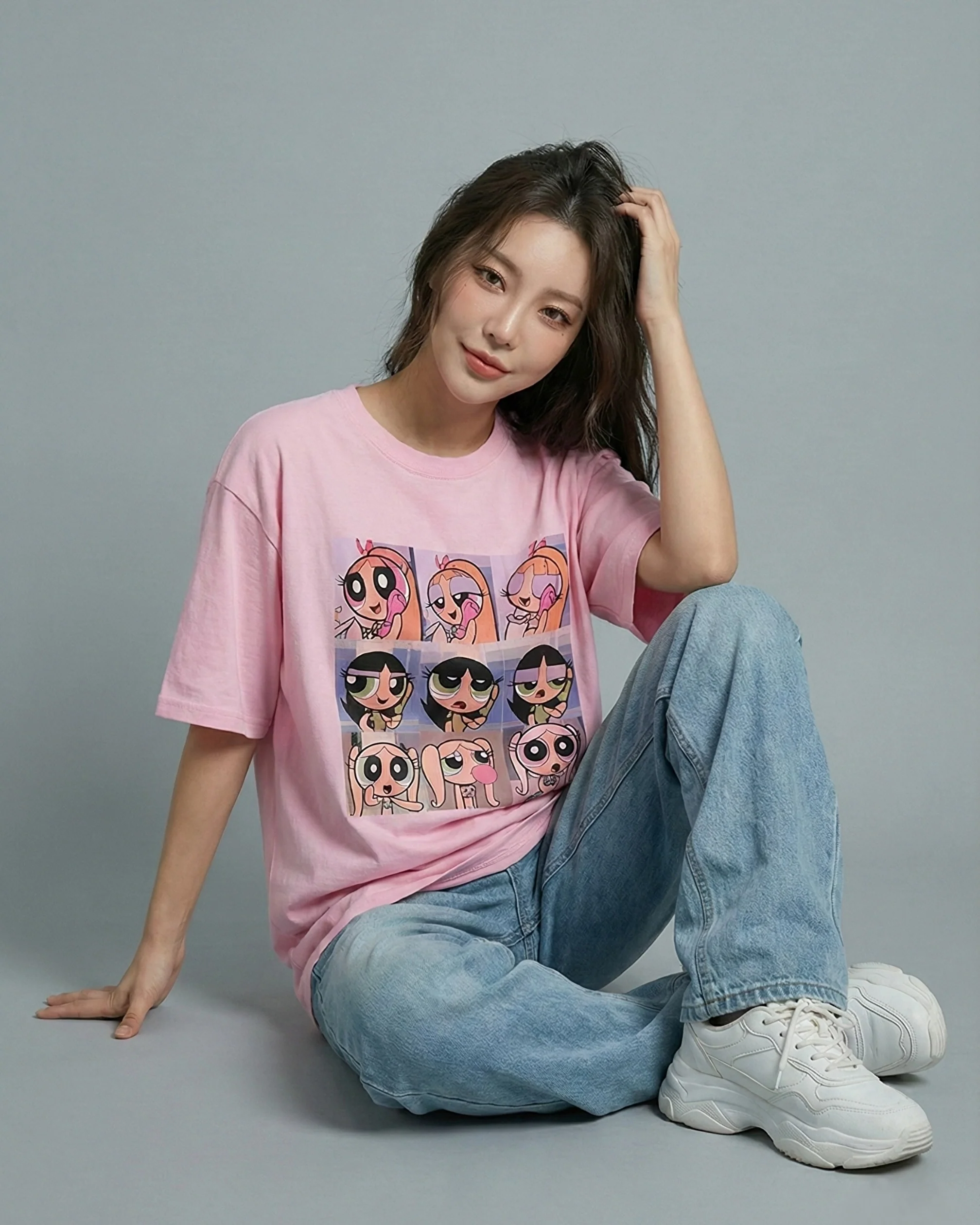 Powerpuff Girls Graphic Drop Shoulder Oversized Tee Pink