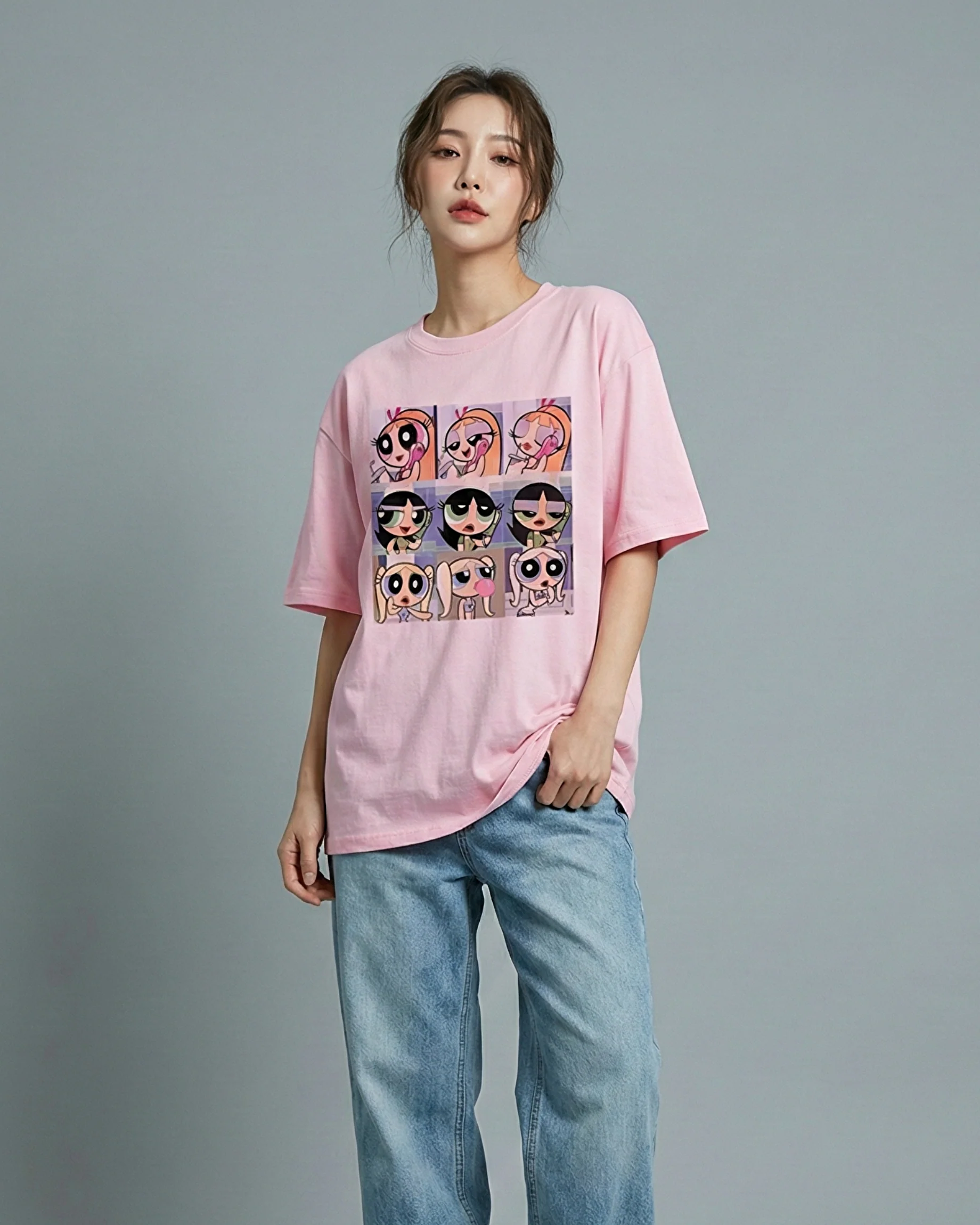 Powerpuff Girls Graphic Drop Shoulder Oversized Tee Pink - Image 2