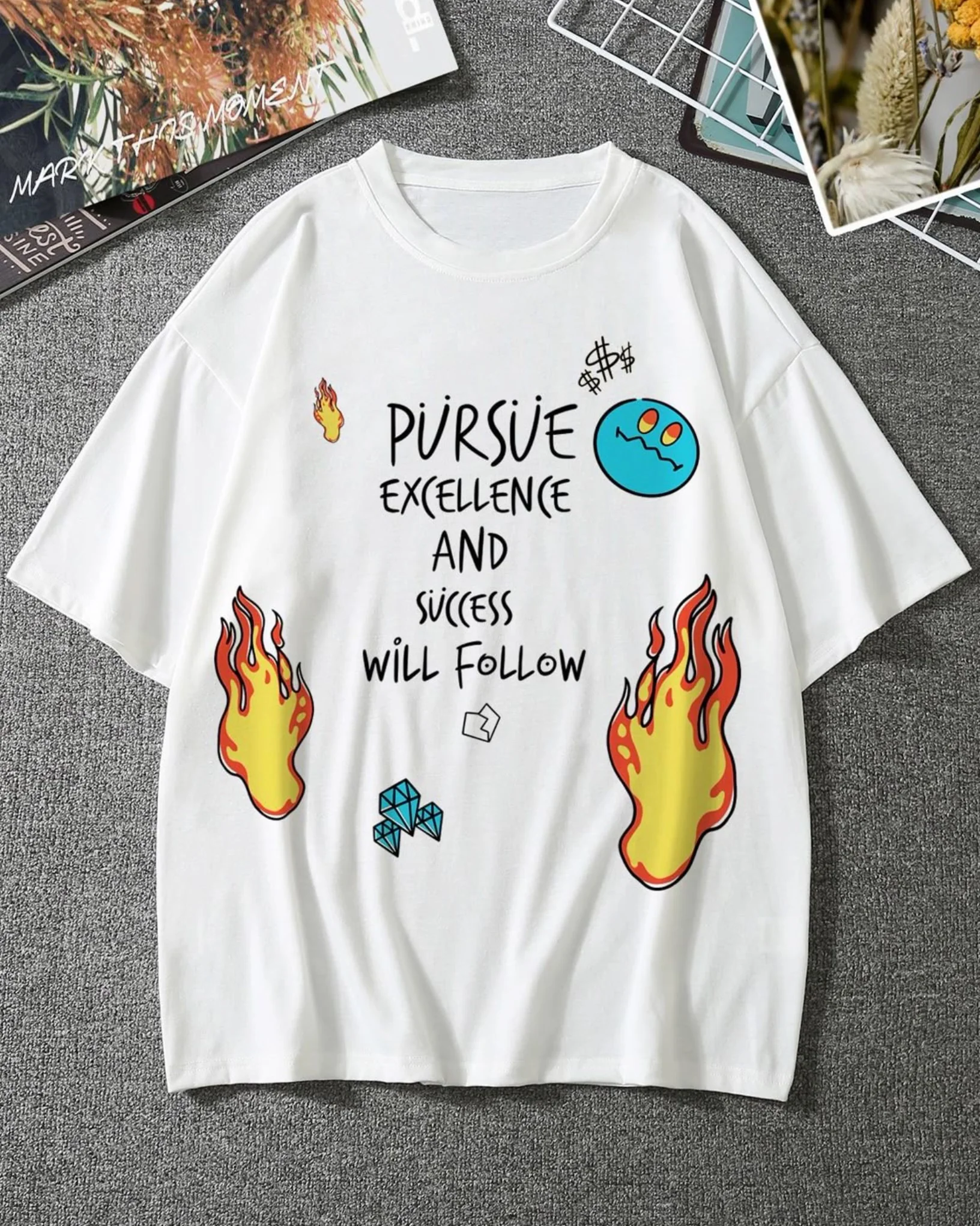 Pursue Excellence Graphic Drop Shoulder Oversized T-shirt White - Image 2