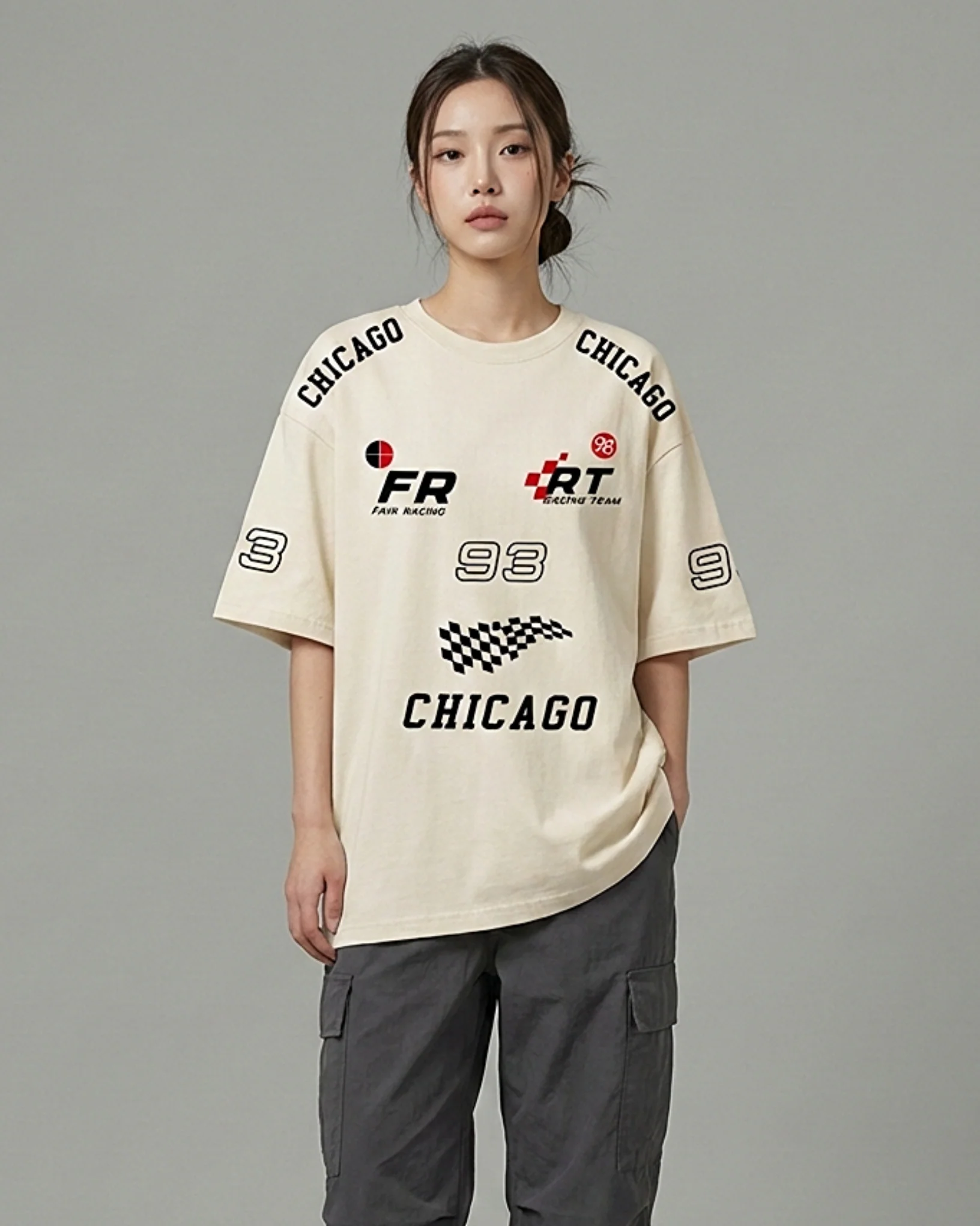 Team FR Chicago Graphic Drop Shoulder Oversized T-shirt Beige - Image 2