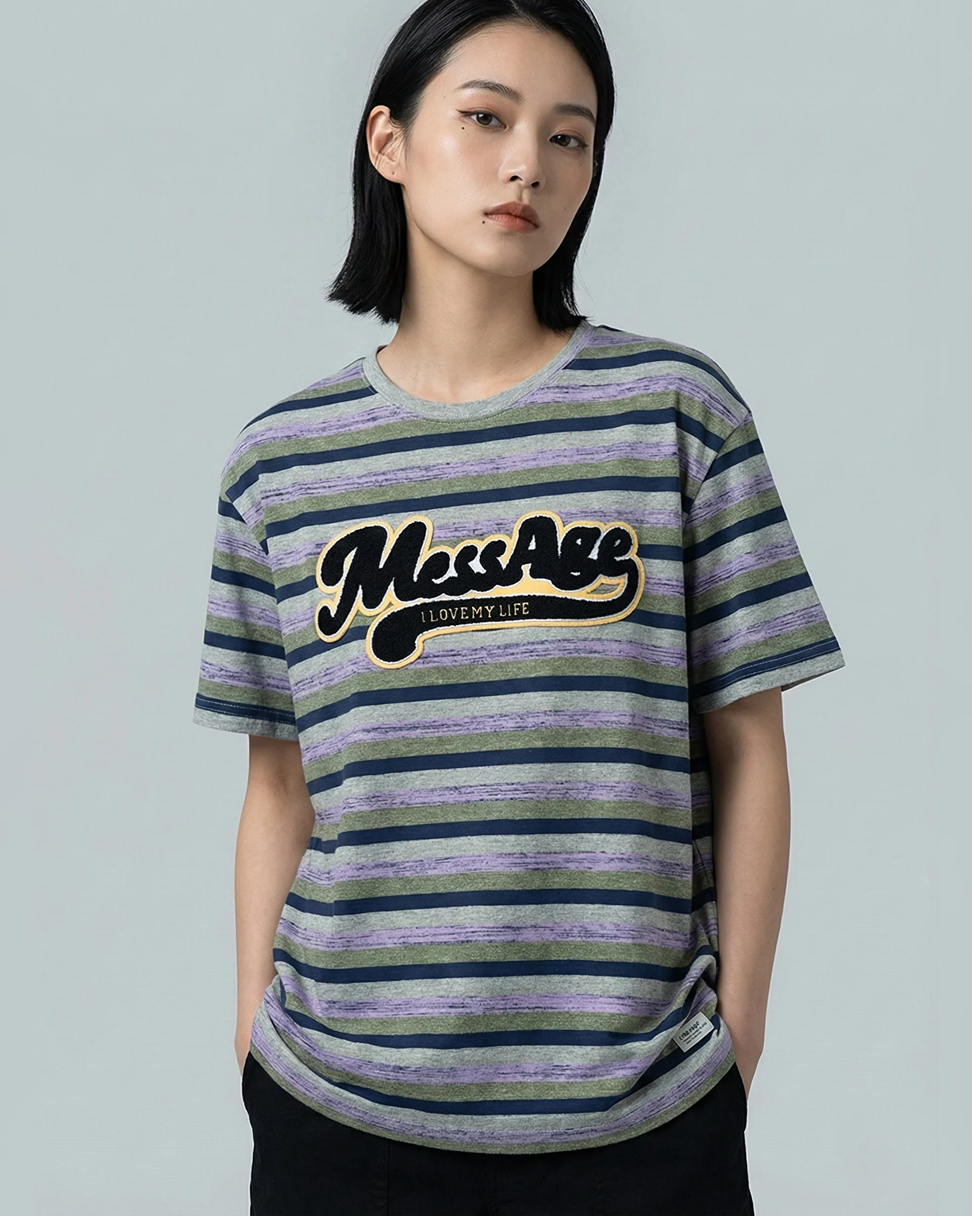 Message Striped Embroidered Patched Oversized Tee