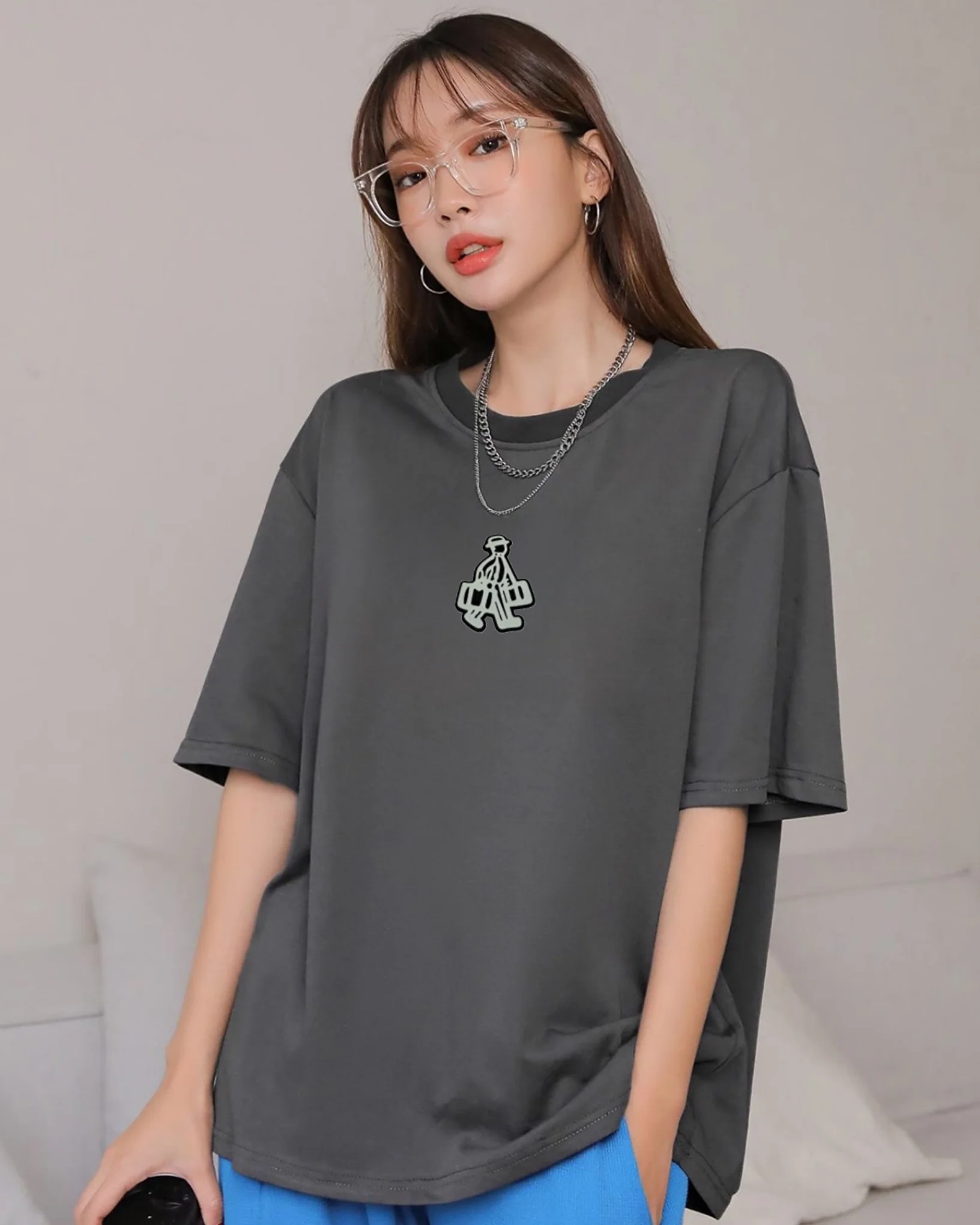 Wild Walker Embroidered Patched Drop Shoulder Oversized Tee Dark Grey