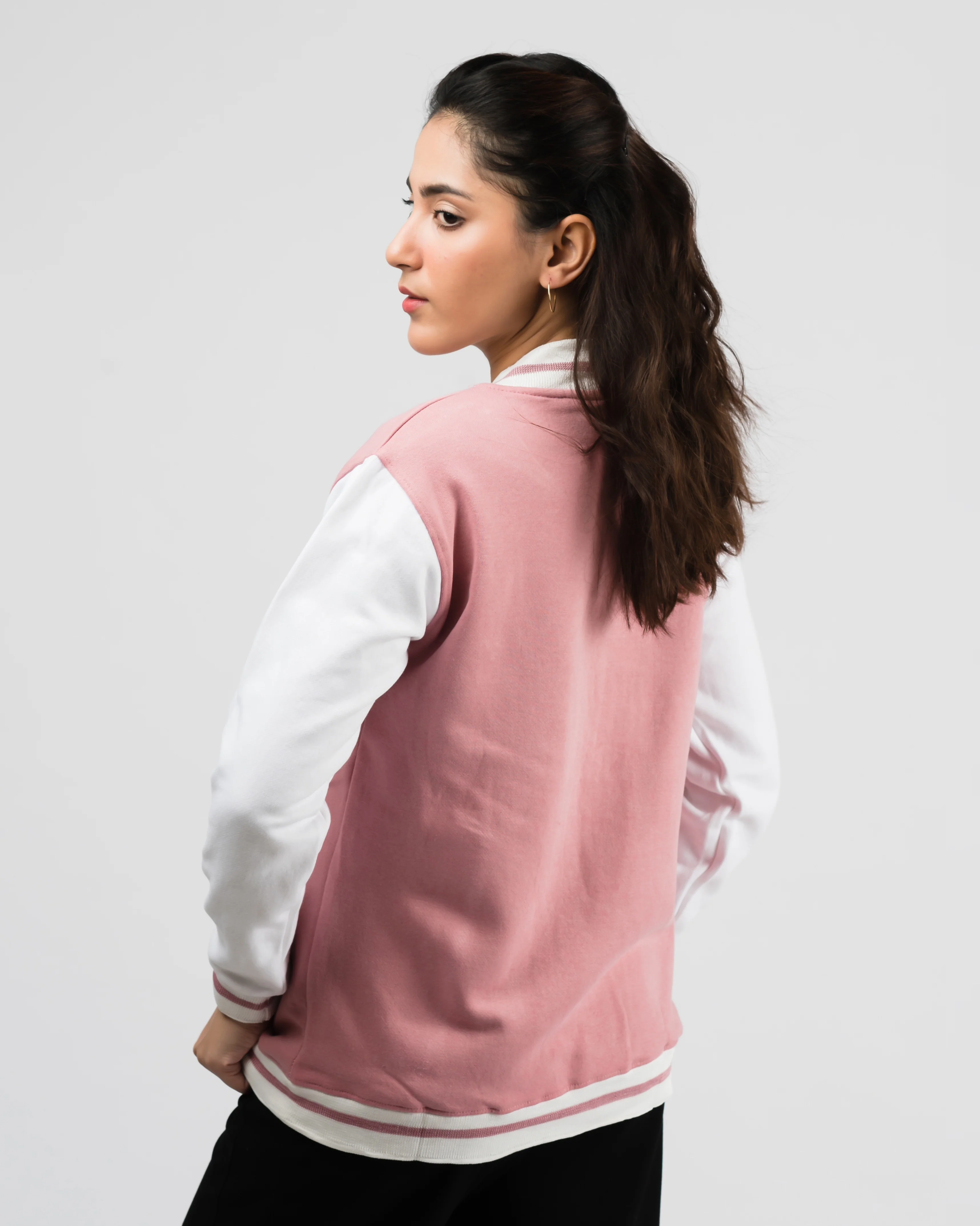 Women's Button Down Baseball Varsity Bomber Jacket Peach - Image 3